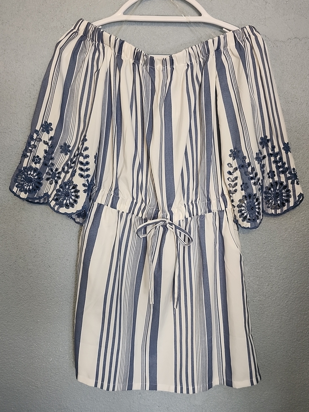 Striped Off-Shoulder Mini Dress with Navy Embroidery